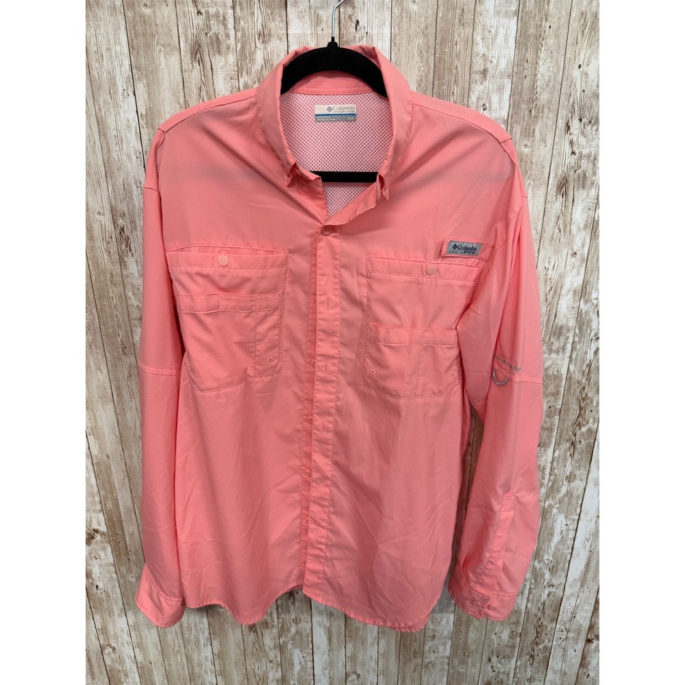 Columbia PFG Tamiami II Fishing Shirt Mens Small Coral Pink Long Sleeve UPF 40